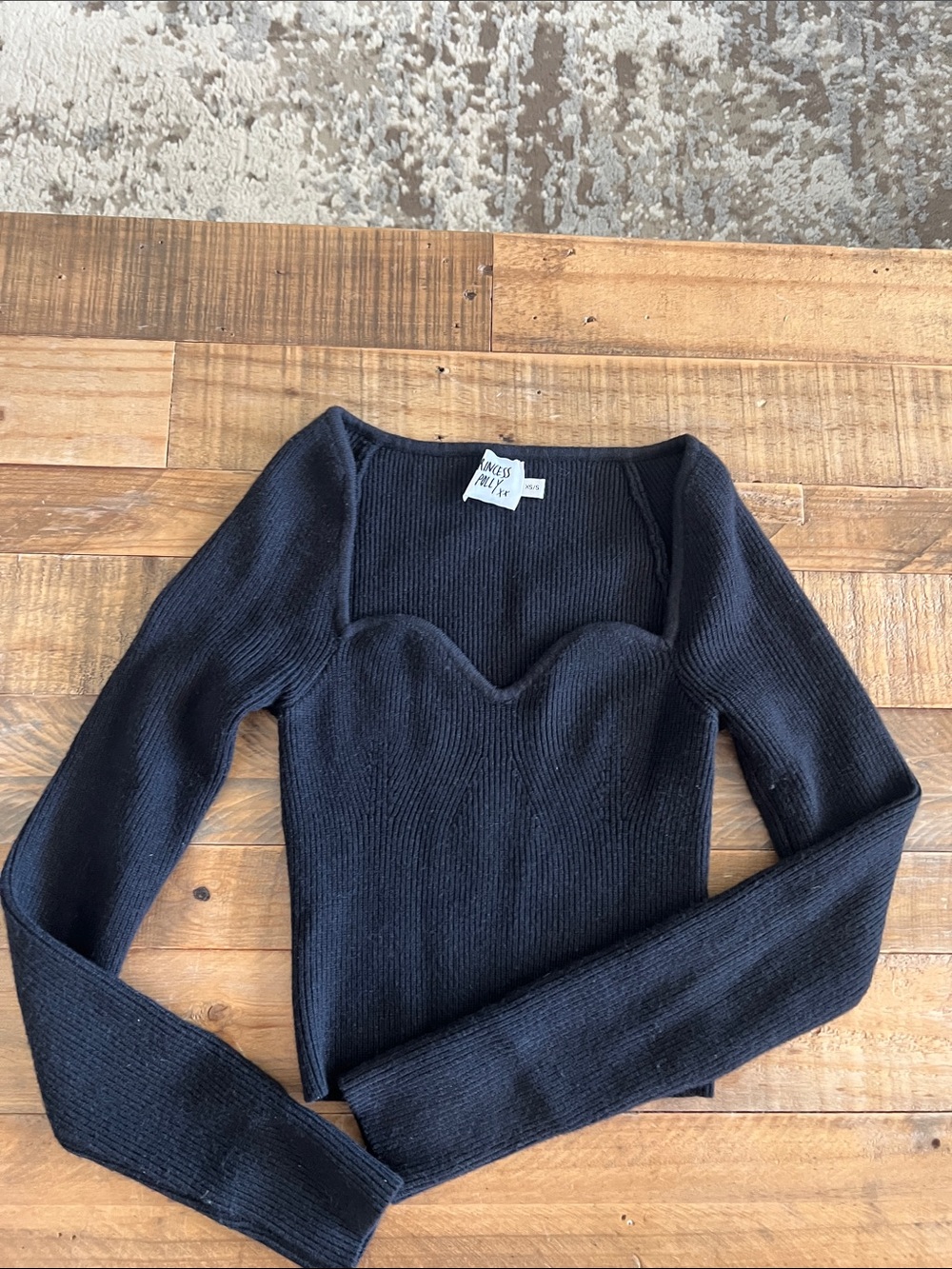 Princess Polly Black Ribbed Sweetheart Neck Long Sleeve Top